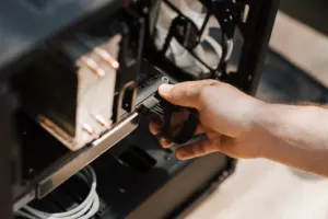 Desktop computer opened for upgrade on a workbench